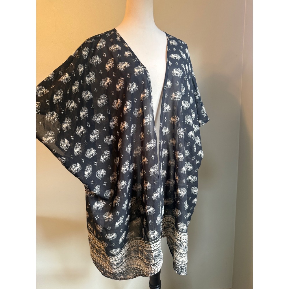 Elephant Kimono Cardigan Black White Plus Size 1X Boho cover up resort sheer saf